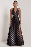 A-Line Satin Black White Dots Halter Neck Long Formal Dress with Slit