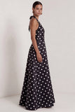 A-Line Satin Black White Dots Halter Neck Long Formal Dress with Slit