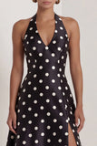 A-Line Satin Black White Dots Halter Neck Long Formal Dress with Slit