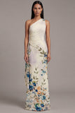 One Shoulder Printed Sheath Black Floral Dress