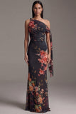 One Shoulder Black Mermaid Printed Ruched Floral Long Wedding Guest Dress