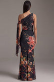 One Shoulder Black Mermaid Printed Ruched Floral Long Wedding Guest Dress