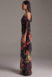One Shoulder Black Mermaid Printed Ruched Floral Long Wedding Guest Dress