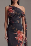 One Shoulder Black Mermaid Printed Ruched Floral Long Wedding Guest Dress