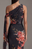 One Shoulder Black Mermaid Printed Ruched Floral Long Wedding Guest Dress