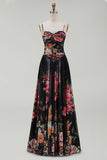 A Line Floral Spaghetti Straps Maxi Black Beach Wedding Guest Dress