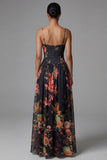 A Line Floral Spaghetti Straps Maxi Black Beach Wedding Guest Dress