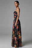 A Line Floral Spaghetti Straps Maxi Black Beach Wedding Guest Dress