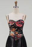 A Line Floral Spaghetti Straps Maxi Black Beach Wedding Guest Dress