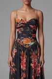 A Line Floral Spaghetti Straps Maxi Black Beach Wedding Guest Dress