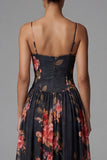 A Line Floral Spaghetti Straps Maxi Black Beach Wedding Guest Dress