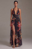Halter Black Floral Printed A Line Wedding Guest Dress with Slit