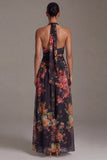 Halter Black Floral Printed A Line Wedding Guest Dress with Slit