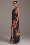 Halter Black Floral Printed A Line Wedding Guest Dress with Slit