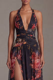 Halter Black Floral Printed A Line Wedding Guest Dress with Slit