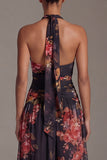 Halter Black Floral Printed A Line Wedding Guest Dress with Slit