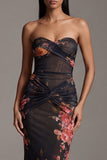 Strapless Ruched Black Mermaid Printed Floral Dress