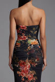 Strapless Ruched Black Mermaid Printed Floral Dress
