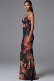 Printed Sheath Cut Out Black Spaghetti Straps Mermaid Long Floral Dress