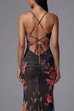 Printed Sheath Cut Out Black Spaghetti Straps Mermaid Long Floral Dress