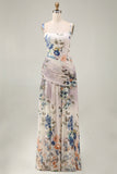 Floral Ruched Ivory Square Neck A Line Wedding Guest Dress
