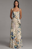 ZAPAKA Women Floral Square Neck Formal Dress Ruched Ivory A Line Printed Maxi Wedding Guest Dress