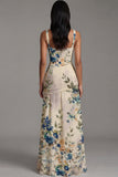 Floral Ruched Ivory Square Neck A Line Wedding Guest Dress