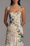 Floral Ruched Ivory Square Neck A Line Wedding Guest Dress