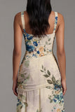 Floral Ruched Ivory Square Neck A Line Wedding Guest Dress