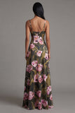 Floral Olive Spaghetti Straps A Line Long Floral Dress