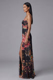 Spaghetti Straps Black Printed A Line Floral Dress