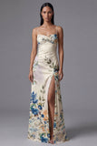 Spaghetti Straps Black Printed A Line Floral Dress