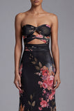 Strapless Printed Cut Out Black Long Floral Dress