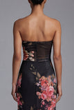 Strapless Printed Cut Out Black Long Floral Dress