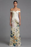 Off the Shoulder Printed Cut Out Ivory Formal Dress