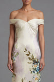 Off the Shoulder Printed Cut Out Ivory Formal Dress