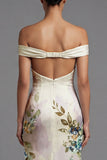 Off the Shoulder Printed Cut Out Ivory Formal Dress