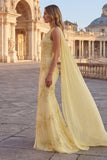 Yellow Mermaid Floral Embroidered Long Prom Dress with Side Cape