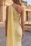 Yellow Mermaid Floral Embroidered Long Prom Dress with Side Cape