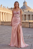 Pink Sheath Floral Ruched Corset Long Formal Dress with Side Cape