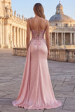 Pink Sheath Floral Ruched Corset Long Formal Dress with Side Cape
