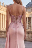 Pink Sheath Floral Ruched Corset Long Formal Dress with Side Cape