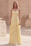 Yellow A Line Spaghetti Straps Long Bridesmaid Dress with Ruffles