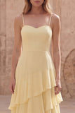 Yellow A Line Spaghetti Straps Long Bridesmaid Dress with Ruffles