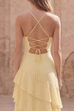 Yellow A Line Spaghetti Straps Long Bridesmaid Dress with Ruffles