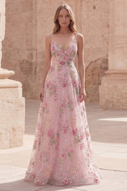 Sparkly Pink Sequin Floral A Line Spaghetti Straps Long Formal Dress