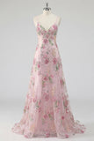 Sparkly Pink Sequin Floral A Line Spaghetti Straps Long Formal Dress
