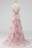 Sparkly Pink Sequin Floral A Line Spaghetti Straps Long Formal Dress