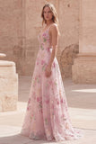 Sparkly Pink Sequin Floral A Line Spaghetti Straps Long Formal Dress