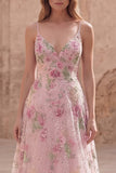 Sparkly Pink Sequin Floral A Line Spaghetti Straps Long Formal Dress